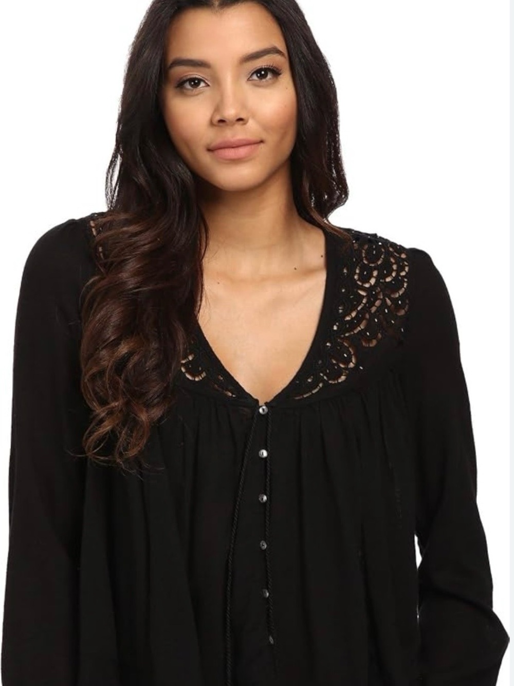 Free People Black Crochet-Trim Button Front Sleep Top